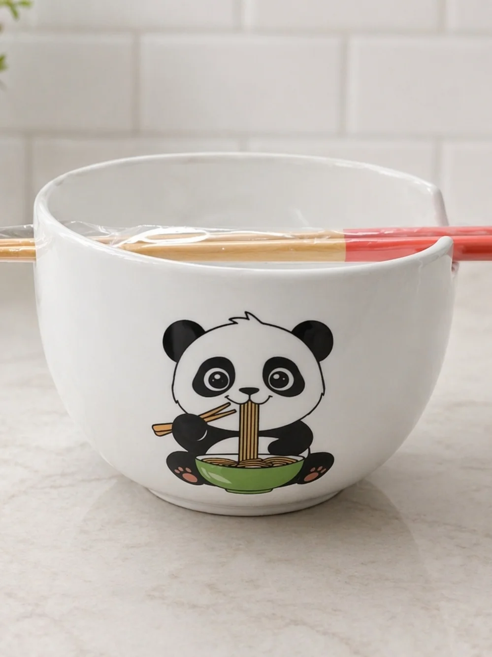 White Panda Ceramic Noodle Bowl with Red-Tip Chopsticks - Picture 6 of 8